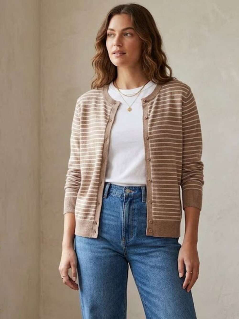 GAP Striped Crewneck Button-Front Sweater Cardigan Light Brown White XL